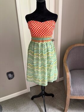 Flying Tomato Red Polka Dot Strapless Dress with Mint Chevron Skirt